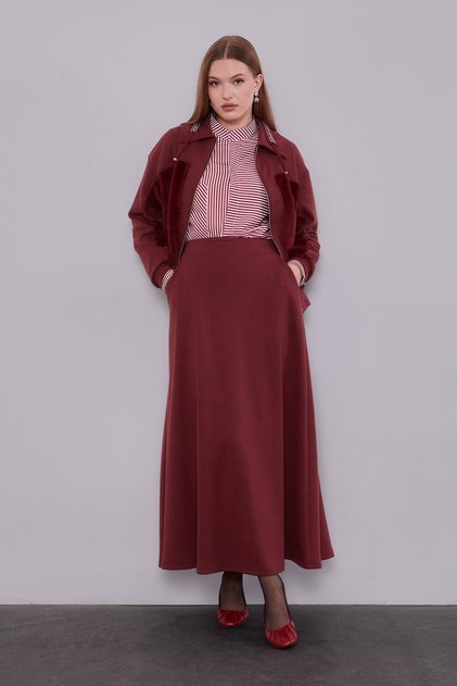 Burgundy Collar Stone Rose Detail Skirt Set