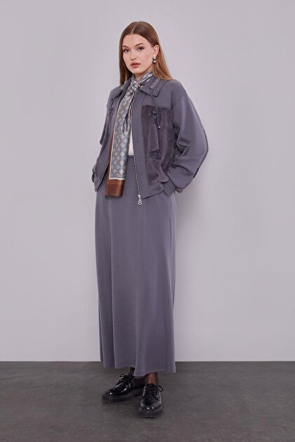 Anthracite Collar Stone Rose Detail Skirt Set