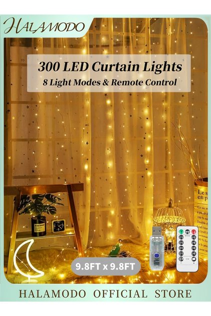 300 LED Curtain Lights 9.8ft x 9.8ft Fairy Lights with 8 Modes String Hanging Lights Flexible Led Curtain Lights with Hooks & Remote Control for Indoor Room & Wedding & Party Backdrop Decor