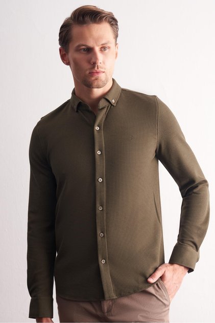 Khaki Long Sleeve Button-Down Collar Self Patterned Cotton Slim Fit Shirt 1004255267