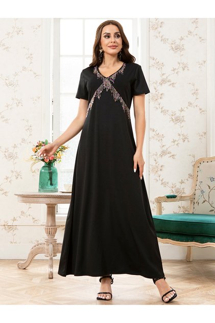Elegant style V-neck Solid color Bead Regular sleeve Long Dresses