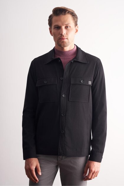 Black Polo Neck Plain Slitless Flexible Casual Coat 1007255150
