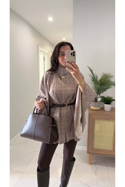 Setrana Mink Plaid Belted Poncho Coat
