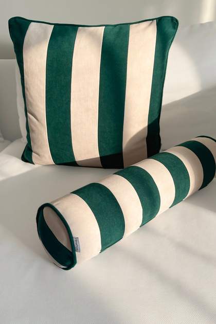 Pernă cilindrică decorativă de iarnă, de Anul Nou, cu dungi, verde crem (umplută în interior)