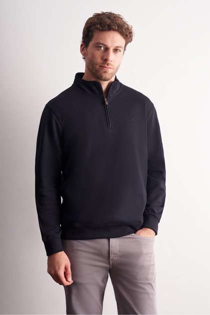 Lacivert Uzun Kol Dik Yaka Düz Pamuklu Comfort Fit Sweatshirt 1013255151
