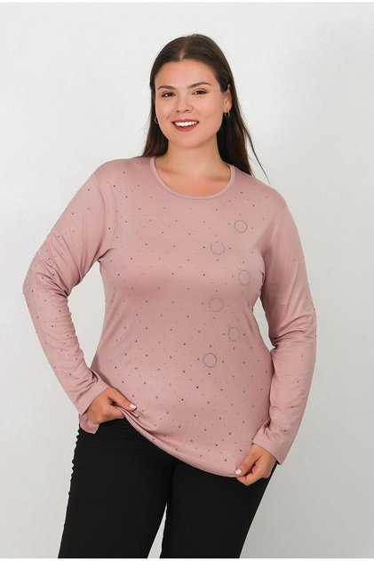 Plus Size Stone Printed Silky Combed Cotton Blouse Long Sleeve 6416