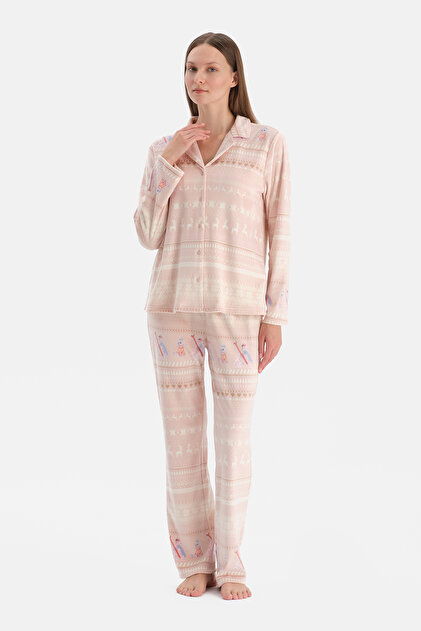 Milk Coffee Printed Velvet Shirt Trousers Pajama Set