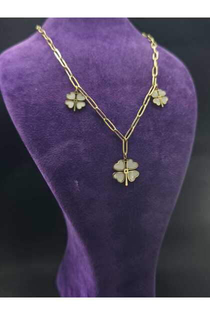 Four Leaf Clover Luck Symbol Stylish Design Stone Embroidered Yellow Color Steel Necklace