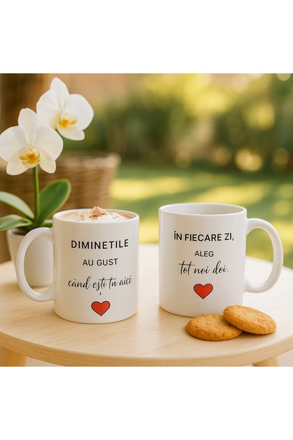Set 2 Căni Personalizate Cuplu – Diminețile au gust când ești tu aici – Cadou Romantic, Tipo-Art