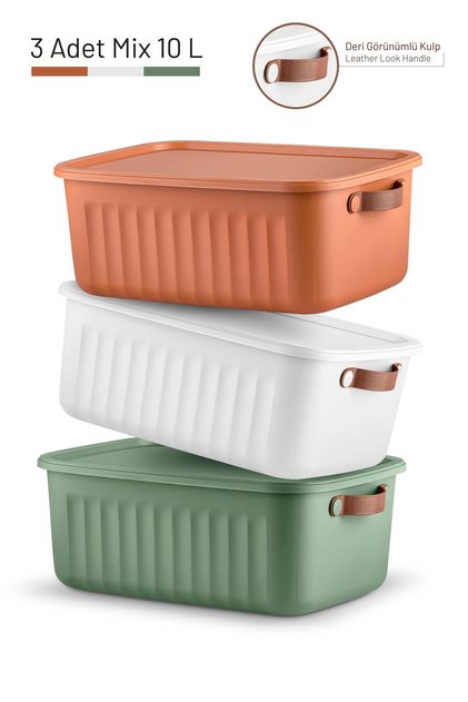3-Piece 10 L Storage Container Set - Leather-Look Handles | Terracotta – White – Green Mix