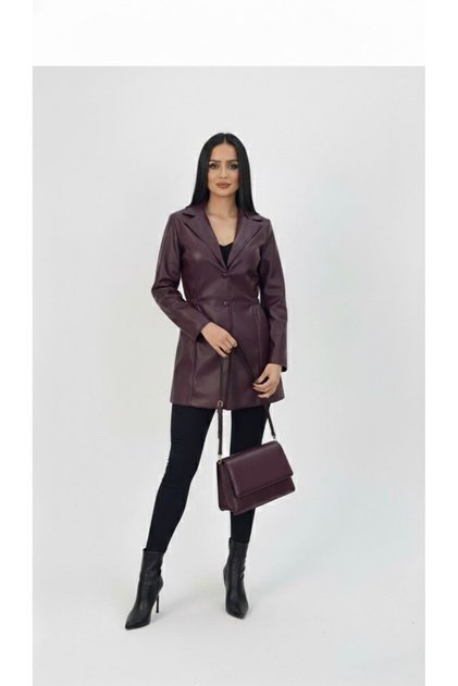 Women's Lined Shoulder Pad Layer Double-Breasted Collar Leather Jacket 2505-26 15014