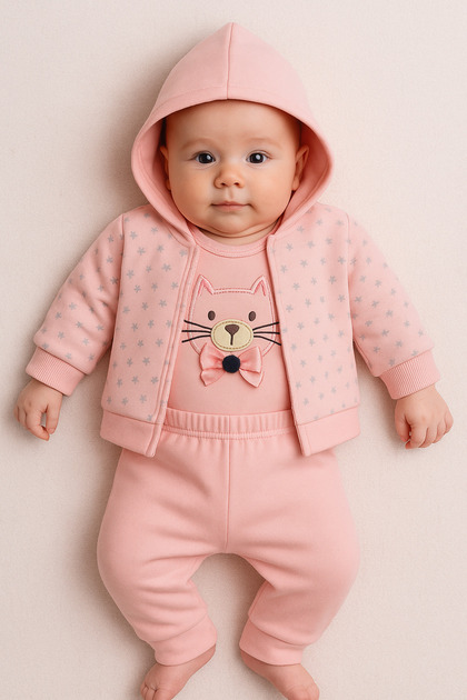 Baby Girl Light Pink Teddy Bear Embroidered 3-Piece Set – Hooded , Cotton and Comfortable Design 1546-6-9 Months
