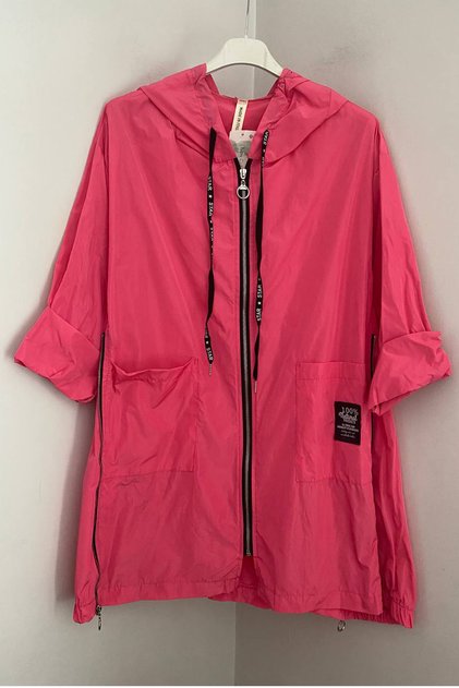 Women's Italian Pink Raincoat Windbreaker with Hooded Pockets and Side Zipper That Can Be Tightened