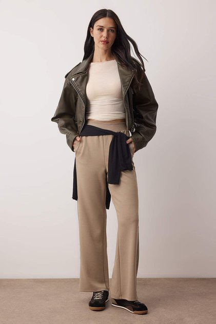 Mink Camisole Detailed Wide Leg Soft Fabric Stretchy Knitted Trousers Twoaw26Pl00113