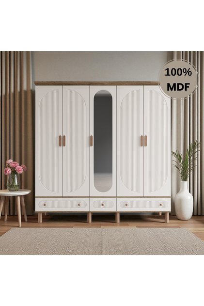 Comiet Sally 5 Kapaklı Aynalı Çekmeceli MDF Gardırop