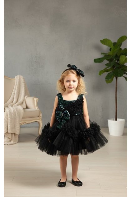 Sequined Ruched Tulle Skirt with Bow Detail for Girls' Evening Dress - Accessory