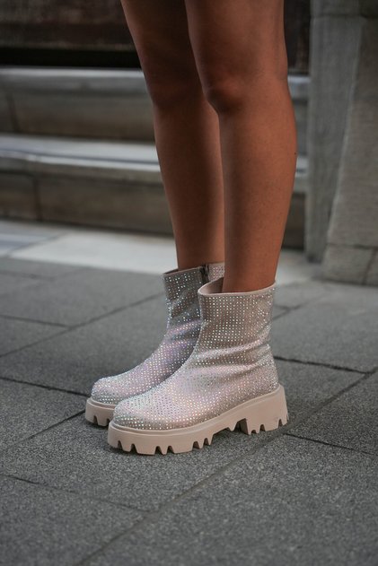 Women's Beige Boots with Stone Detail, Thick Sole, Zippered Noles