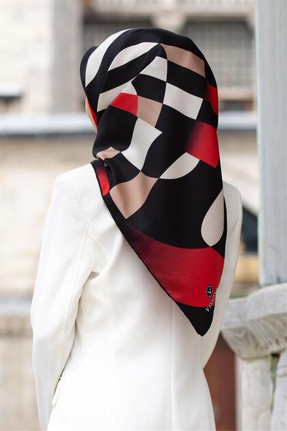 100% twill silk geometric pattern red - mink colored 90x90 scarf sewing method: hand stitching