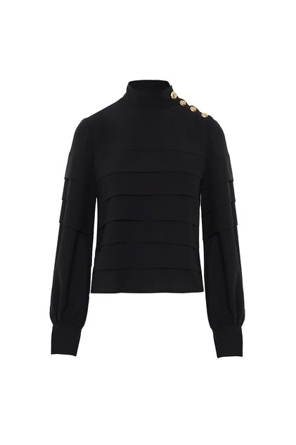 Layered Mock Neck Blouse with Button Detail at the Shoulder