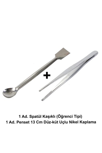 Laboratuvar Öğretim Seti - C / Spatül Öğrenci Tipi + Penset 13 Cm Düz-Küt Uçlu - Nikel Kaplama
