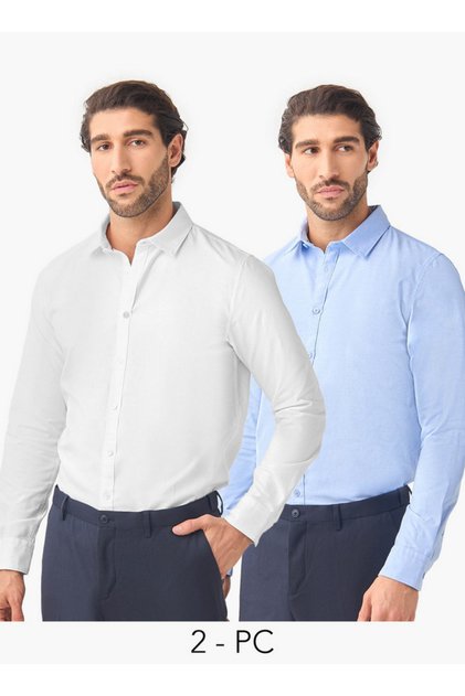 Set of 2 - Regular Fit Oxford Shirt with Collar and Long Sleeves