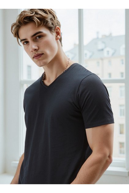 تي شيرت عادي بقصّة Slim Fit ورقبة على شكل حرف V وأكمام قصيرة