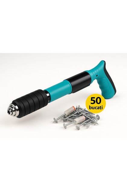 Kit Pistol Manual + 50 de Cuie 7.2 mm Diametru Ochelari Protecție, 5 Trepte, Beton/Metal