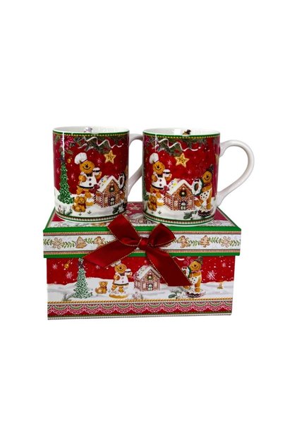Set de 2 căni din ceramică, Căsuța de turtă dulce, ambalate într-o cutie cadou elegantă, 150 ml, Roșu