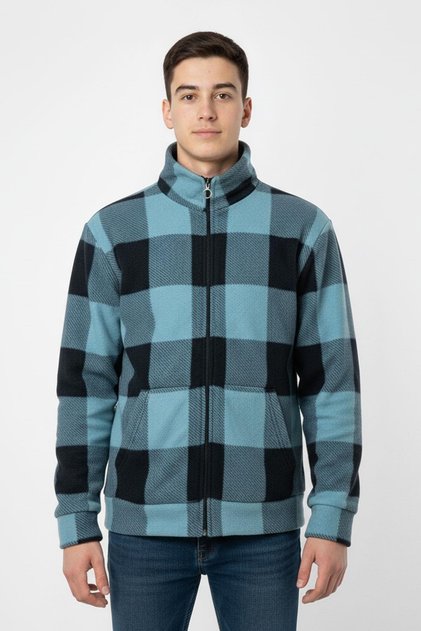Plaid patterned zippered stand collar kangaroo pocket boys' cardigan