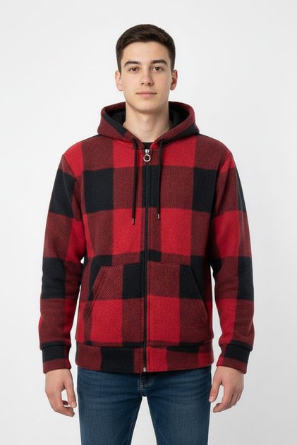 Hooded Zippered Plaid Patterned Long Sleeve Boys Cardigan