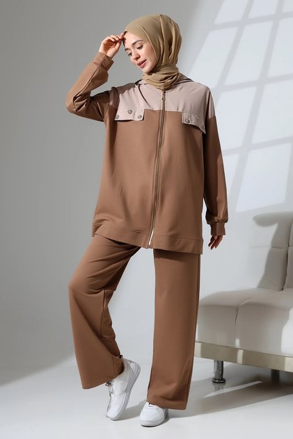 Women's Brown Seasonal Combed Cotton Bottom Top Sports and Comfortable Hijab Suit