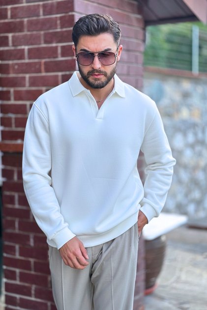 Erkek Beyaz Polo Yakalı Pamuklu Yumuşak Kalın Kumaşlı Oversize Sweatshirt