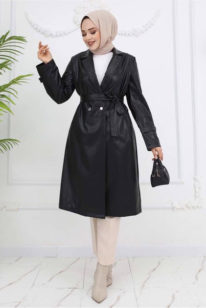 KADIN SİYAH KUŞAKLI SUNİ DERİ TRENÇKOT T 3594
