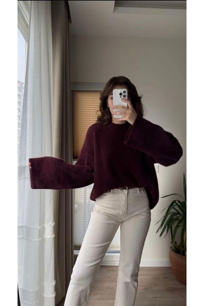 Bordo Yumoş Sakallı İplik Geniş Kol Detaylı Triko Kazak