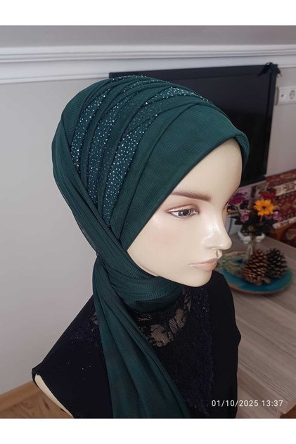 Zümrüt Yeşili Drapesi Simli Eşarp Tipi Şal Modeli Hazır Duvak Hazır Şal Hazır Türban