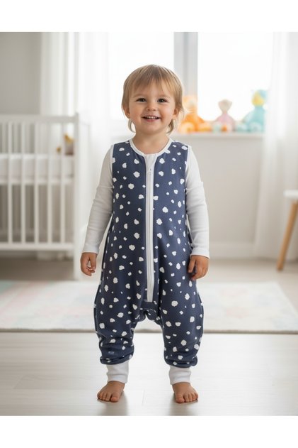 Fiber-Free 1.0 Tog Footed Sleep Sack for Boys and Girls with Zipper, Sleeveless Sleepwear/Navy Blue with Spots