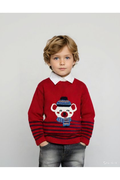 Red Teddy Bear Figured Sweater, Shirt and Jeans Pants Bottom - Top 3-Piece Boys' Set