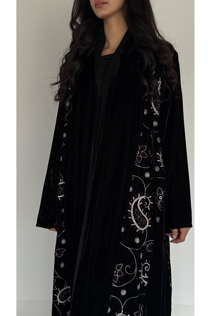 Velvet abaya with added computer embroidery on the sides