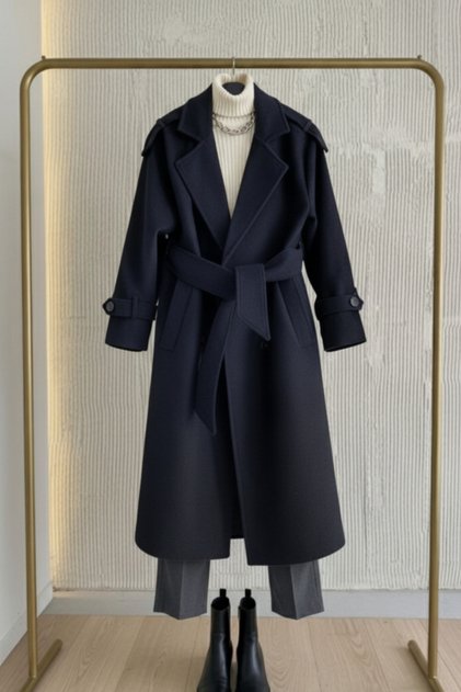 Women's Navy Blue Hijab Coat Long Winter Belted Stylish Overcoat Coat
