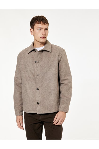 Pocket Detailed Long Sleeve Classic Collar Buttoned Slim Fit Cashmere Winter Shirt Jacket