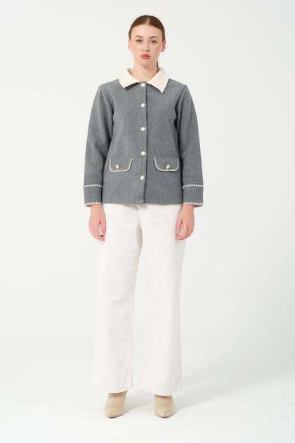 Hatunatila Crochet Shirt Collar Pocket Detail Look Cashmere Jacket 7859 Gray