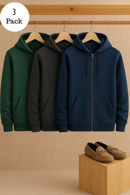 Erkek Salaş Fermuarlı Kapşonlu 3 Lü Sweatshirt