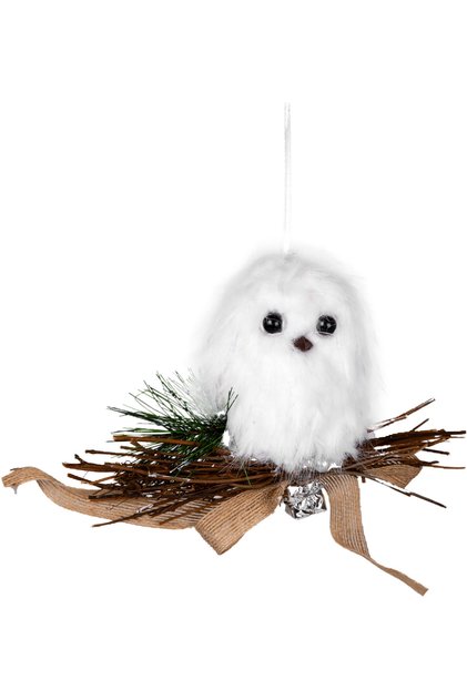 Christmas Ornament, Owl, White-Brown - Hanging, Feathered, Natural Branch Nest, with Jute Bow, Pine Ornament Too