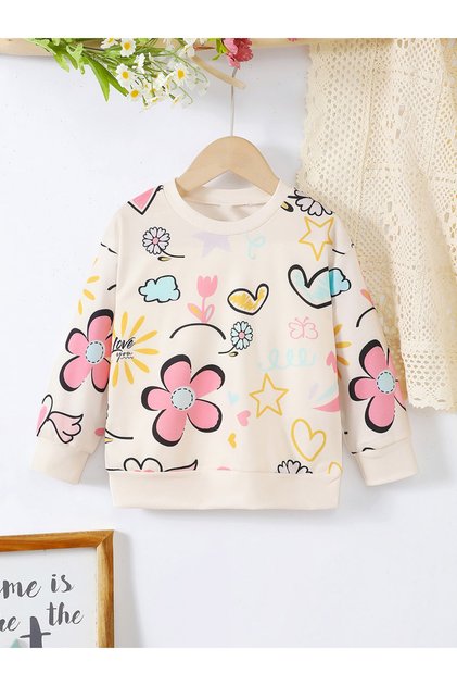 Girl's Graphic Print Long Sleeve Round Neck T-shirt