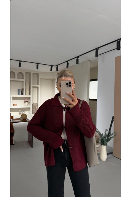 Premium Series Corded Buttoned Salon Knit Burgundy Cardigan