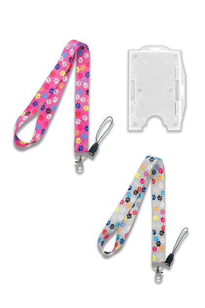 Paw Pattern Neck Lanyard Badge Holder + Double-Sided Card Holder Set of 3