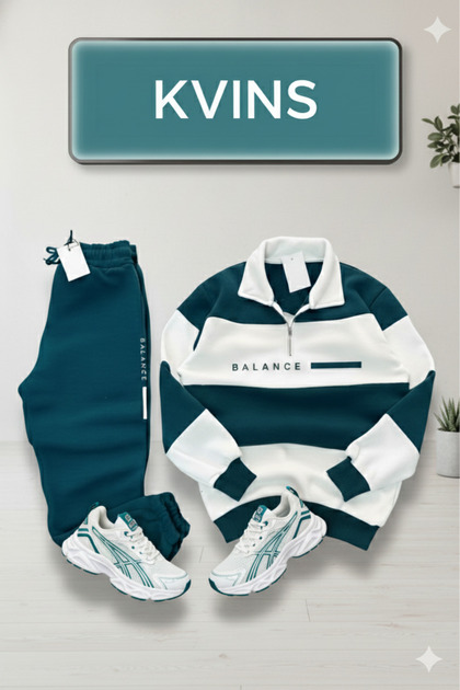 Petrol Unisex Oversize Yarım Fermuarlı Pamuklu Eşofman Takımı | Polo Yaka Sweatshirt &Eşofman Altı