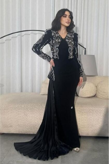 Black dress, embroidered jacket