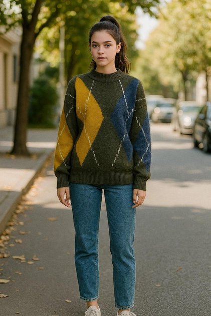 Crew Neck Diamond Pattern Soft Thick Sweater
