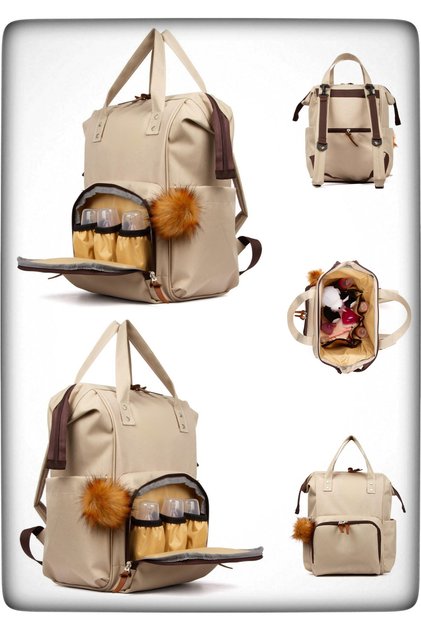 Luxury Mother Baby Bag with Pompom Keychain, Leather Detail, Thermal Compartment and Hanging Bracket